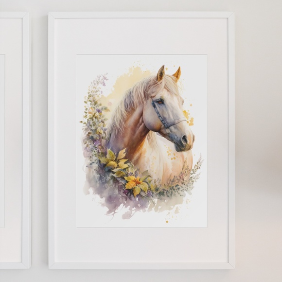 Watercolor Cute Floral White Horse Wall Art Illustration Print Poster Unframed - Picture 3 of 6
